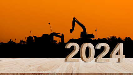 Construction 2024 concept, Silhouette construction site to welcome 2024, Happy New Year 2024,...