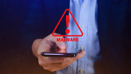 System hacked warning alert on smartphone, Cyber attack on computer network, Virus, Spyware,...