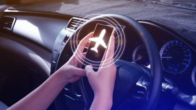 Uses touching to select flight by pressing touch screen airplane button on smartphone, Business Airplane transportation concept.