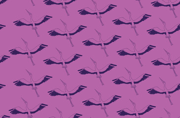 Isolated vector set of storks in different poses. Vector illustration of storks on white background, village and birds.Seamless vector pattern. Village birds.