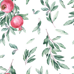Watercolor Seamless Pattern Background with Pomegranate and Elegant Branch