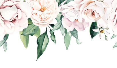 Watercolor Seamless Border with Roses and Lemon Flowers - obrazy, fototapety, plakaty
