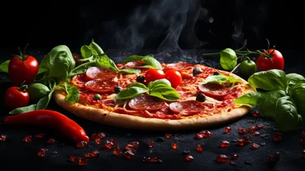 Keuken spatwand met foto Dark background, hot pizza pepperoni, chili pepper, tomato, lettuce, advertising © ME_Photography