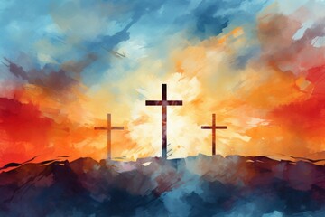 Watercolor drawing with a cross, a symbol of the Christian faith. Background with selective focus and copy space - obrazy, fototapety, plakaty