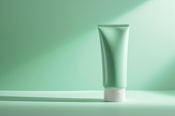 a green cream or gel tube template mockup for cosmetic packaging with blank space for text or design on light green background