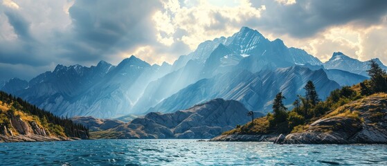 mountains over the lake with rays of the sun landscape - obrazy, fototapety, plakaty