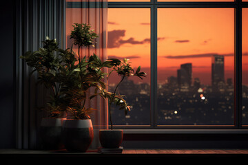 A view of a big evening city from a large window with houseplants on a window sill