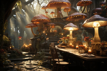 An amazing fantasy house in the forest with giant mushrooms that glow
