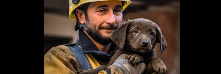 A rescuer holds a puppy rescued from the rubble of destroyed houses after a massive earthquake, banner