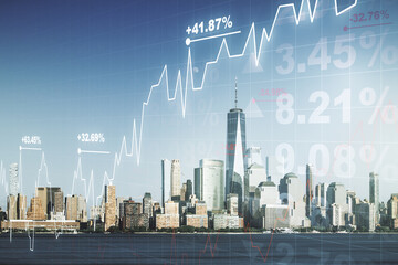 Multi exposure of virtual creative financial chart hologram on New York skyscrapers background,...