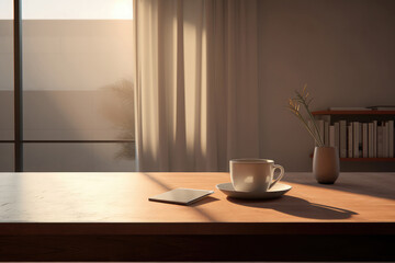A table by the window. A cup of coffee is on the table