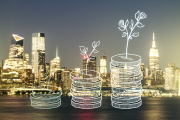 Virtual cash savings sketch on New York cityscape background, success and solution concept. Multi...