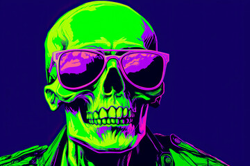 A glowing head of a skeleton wearing sunglasses. Generative AI