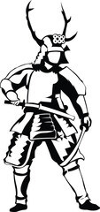 Cartoon Black and White Isolated Illustration Vector Of A Shogun Samurai Warrior Holding 2 Katana Swords