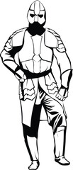 Cartoon Black and White Isolated Illustration Vector Of A Knight In Suit of Armor with Sword and Shield