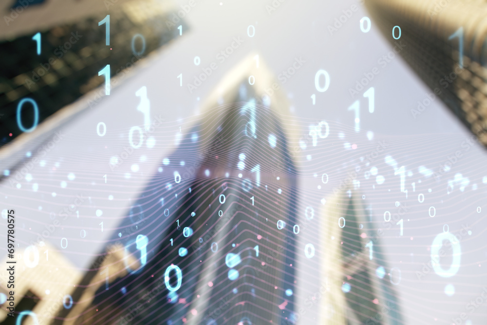 Aufkleber abstract virtual binary code illustration on office buildings background. big data and coding concep