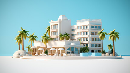 a building with palm trees and a pool - obrazy, fototapety, plakaty