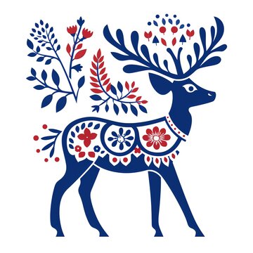 a blue and red deer with flowers and leaves