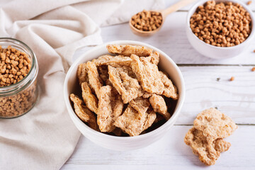 Alternative protein dry soy meat in a bowl on the table