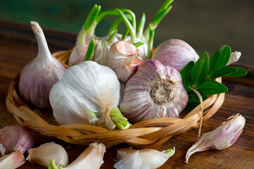 Garlic is a ripe, spicy product, a spice. It is essential in the preparation of many delicious dishes. On an old background in a composition with kitchen accessories.