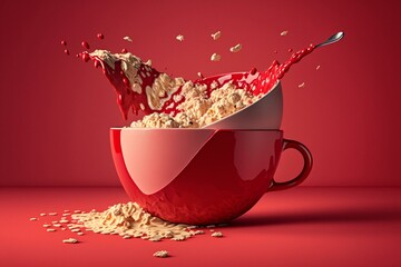 Overflowing red bowl of oatmeal on red surface. Generative AI