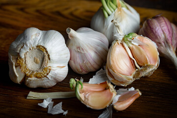 Garlic on a black background in the kitchen - a spicy vegetable
