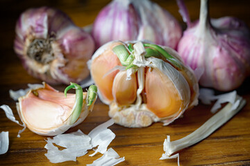 Garlic is a ripe, spicy product, a spice. It is essential in the preparation of many delicious dishes. On an old background in a composition with kitchen accessories.