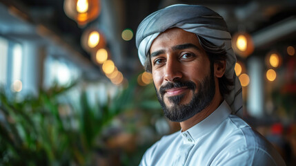 Happy Arab businessman wearing Kandura at modern office
