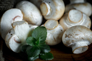 Champignon mushrooms, a fresh natural product, in a composition with kitchen ingredients, on an old background.