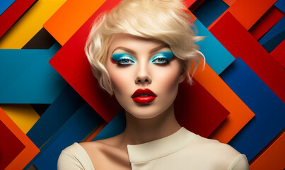 Bold fashion portrait of a platinum blonde model with striking blue eyeshadow and red lips, set...