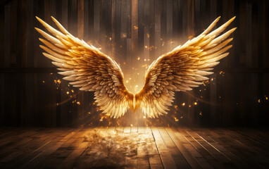 Majestic golden angel wings spread wide open in a wooden room with ethereal light and sparkling dust, symbolizing freedom, spirituality, and guidance - obrazy, fototapety, plakaty