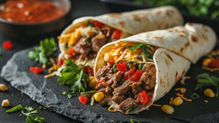 Burritos wraps with beef and vegetables on black background - obrazy, fototapety, plakaty