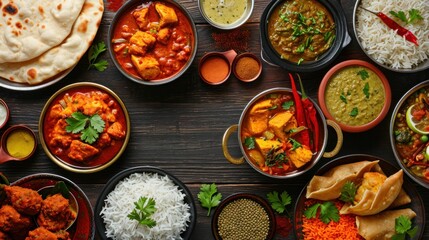 Assorted indian food on dark wooden background