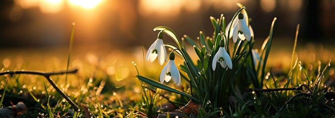 beautiful snowdrop flowers in green grass with sun