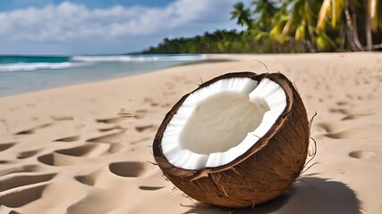 Closeup of a fresh half coconut with coconut trees on beautiful sandy beach with blue sky summer. Coconuts are native to tropical climates and they have good (HDL) cholesterol. World Coconut