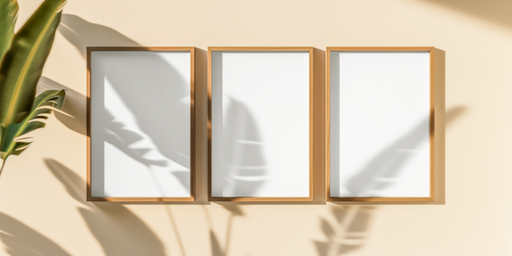 Simple minimalist frame mockup poster hanging on the white wall with plant decoration. wall background with window light and shadow. Empty frame with reflection, transparency isolated. 