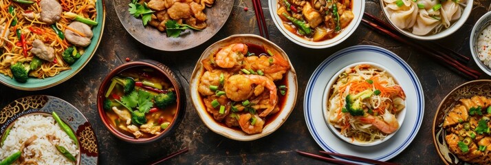 Assortment of Chinese traditional dishes. Chinese food - obrazy, fototapety, plakaty