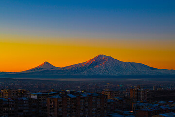 beautiful sunrise on mountain Ararat view from Yerevan
