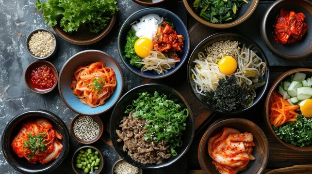 Assortment of Korean traditional dishes. Asian food.
