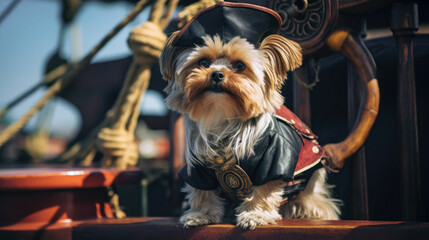 Dog in a pirate costume on a ship at sea