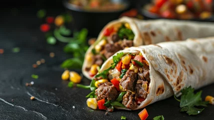 Fotobehang Burritos wraps with beef and vegetables on black background © olegganko