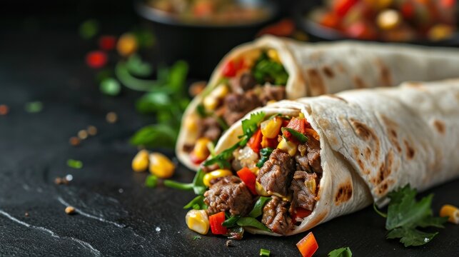 Burritos wraps with beef and vegetables on black background