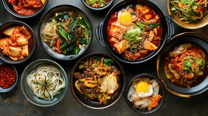 Assortment of Korean traditional dishes. Asian food. - obrazy, fototapety, plakaty