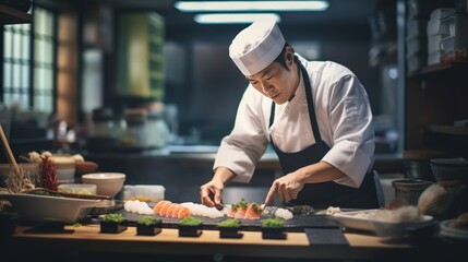 chef of a Japanese restaurant in the kitchen prepares various sets or sets of sushi and rolls. - Powered by Adobe
