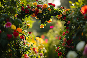 garden scene with flowers forming heart shapes, creating a vibrant and lively backdrop for a Valentine's Day photo