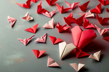  wallpaper featuring origami hearts and paper cranes, symbolizing the artistry and delicacy of love for Valentine's Day