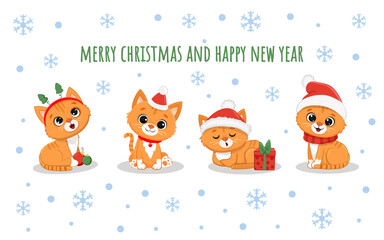 Cute cartoon red kitten Isolated on white. Christmas  Illustration for design, banners, children's books and patterns.  Funny Ginger cats in santa hat. Vector illustration