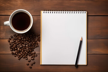 Notepad, pencil, coffee beans and a cup of coffee on a wooden table, top view. AI generative.