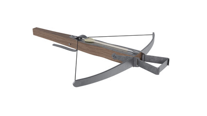Medieval crossbow weapon with arrow isolated on transparent and white background. Weapon concept. 3D render - obrazy, fototapety, plakaty