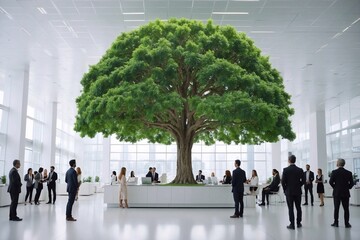 Big green tree alongside enthusiastic professionals in a vibrant white office, vibrant, foliage, teamwork, diversity